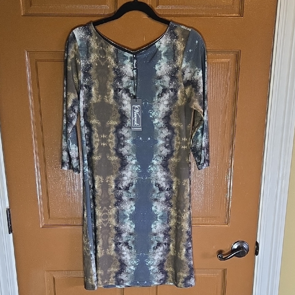 Viereck-Olive & gray abstract pullover 3/4 sleeved jersey dress Sz S NWT